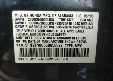 2005 Honda Pilot Ex-L z USA, uszkodzony, nr VIN 5FNYF18655B050627